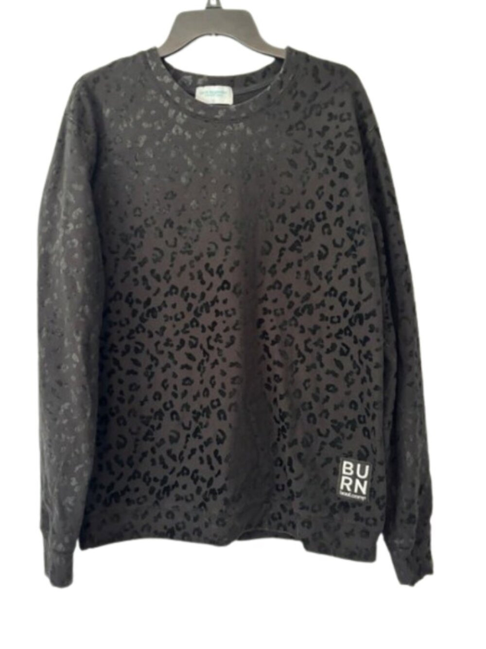Burn Boot Camp Leopard Crewneck Sz XL Black Velvet Logo Embroidered Gym Athlete